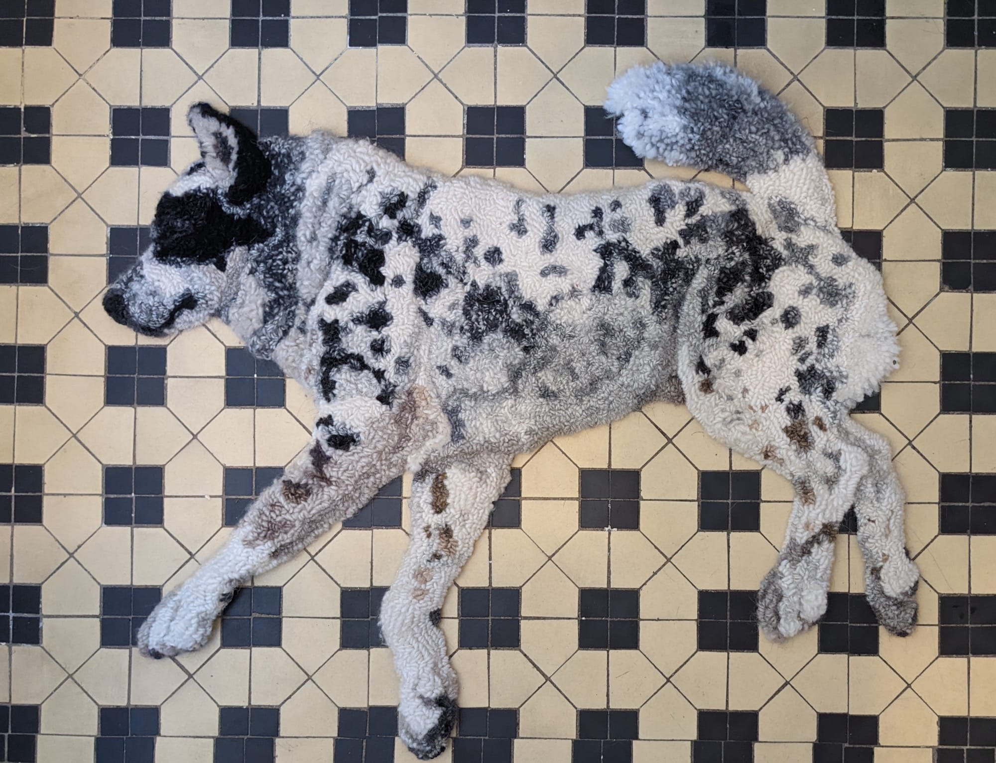 Lifelike Canines Lounge in Emily O’Leary Uncanny Hooked Rugs