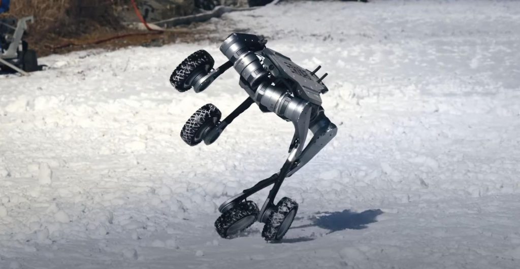 Watch: Athletic wheeled robodog kicks up powder for snow parkour